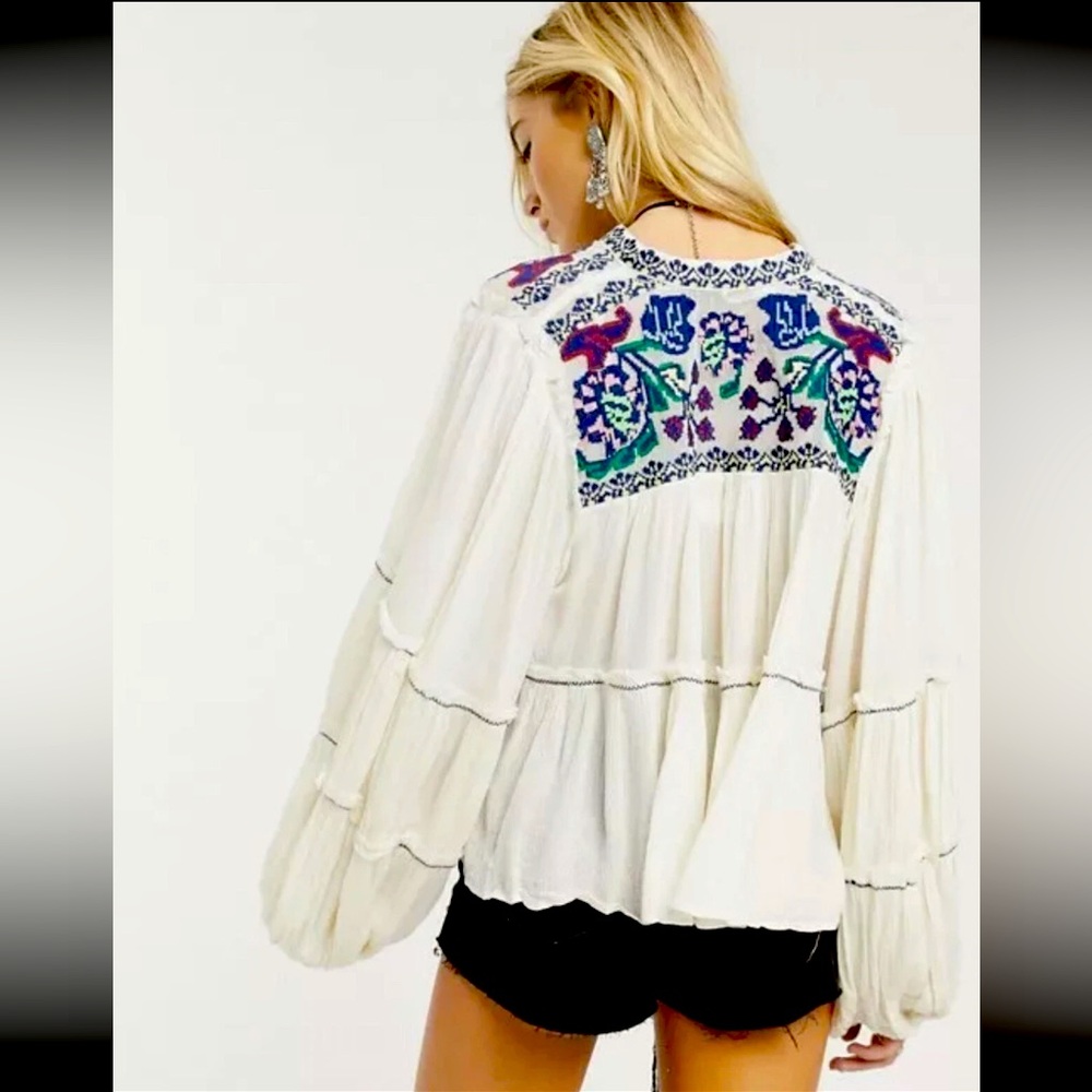 Free People Embroidered In Vivid Color Peasant Tie Blouse